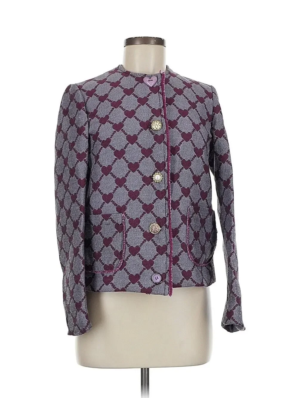 De’hart Purple Heart Print Collarless French Style Jacket 40 US 8